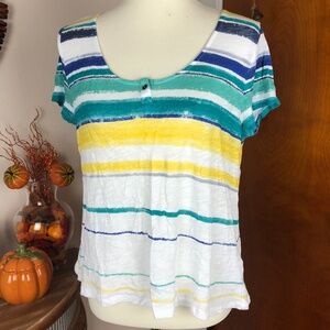 LUCKY BRAND Burnout Tee Striped White Green Large